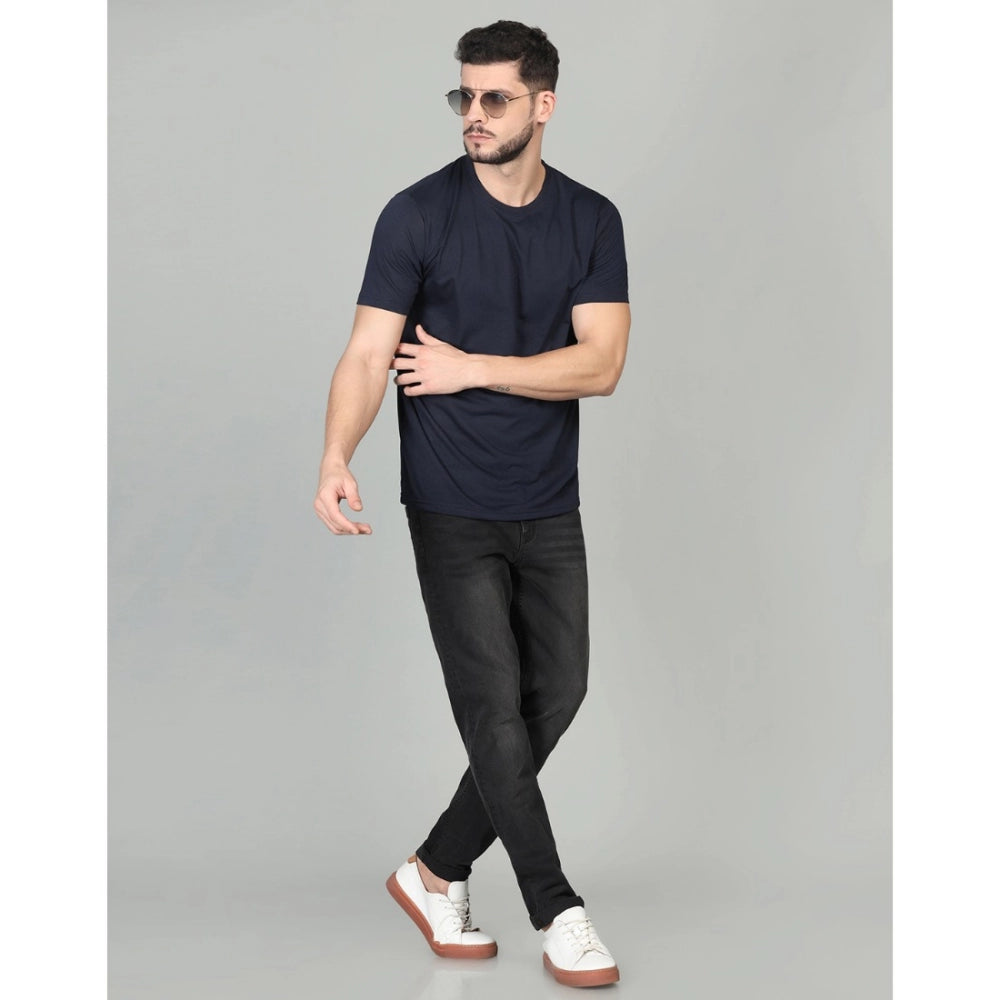 Men's Casual Half Sleeve Solid Cotton Blended Round Neck T-shirt (Dark Blue)