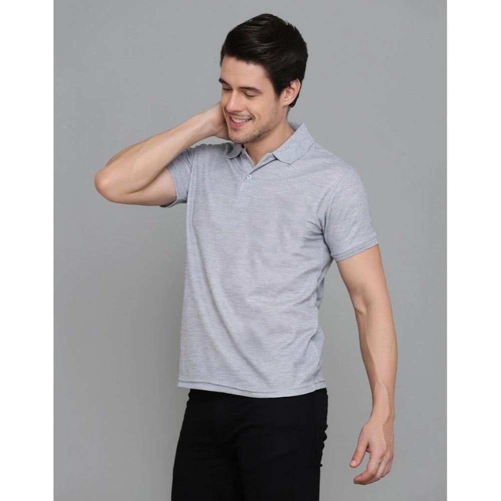 Men's Casual Half Sleeve Solid Cotton Blended Polo Neck T-shirt (Grey)