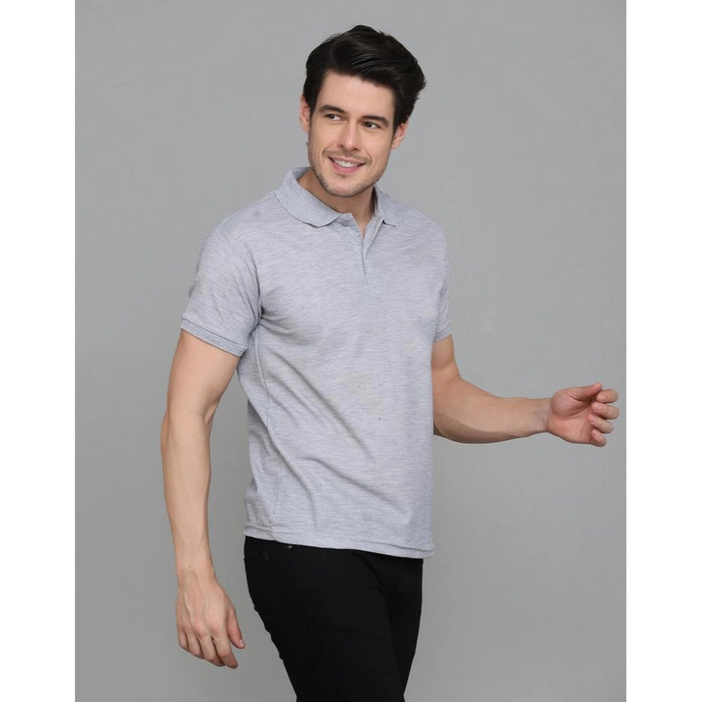 Men's Casual Half Sleeve Solid Cotton Blended Polo Neck T-shirt (Grey)