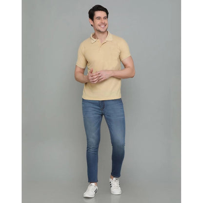 Men's Casual Half Sleeve Solid Cotton Blended Polo Neck T-shirt (Beige)