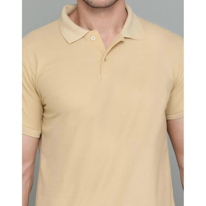 Men's Casual Half Sleeve Solid Cotton Blended Polo Neck T-shirt (Beige)