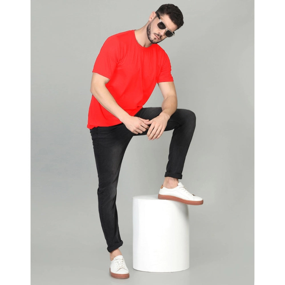 Men's Casual Half Sleeve Solid Cotton Blended Round Neck T-shirt (Red)