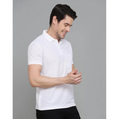 Men's Casual Half Sleeve Solid Cotton Blended Polo Neck T-shirt (White)