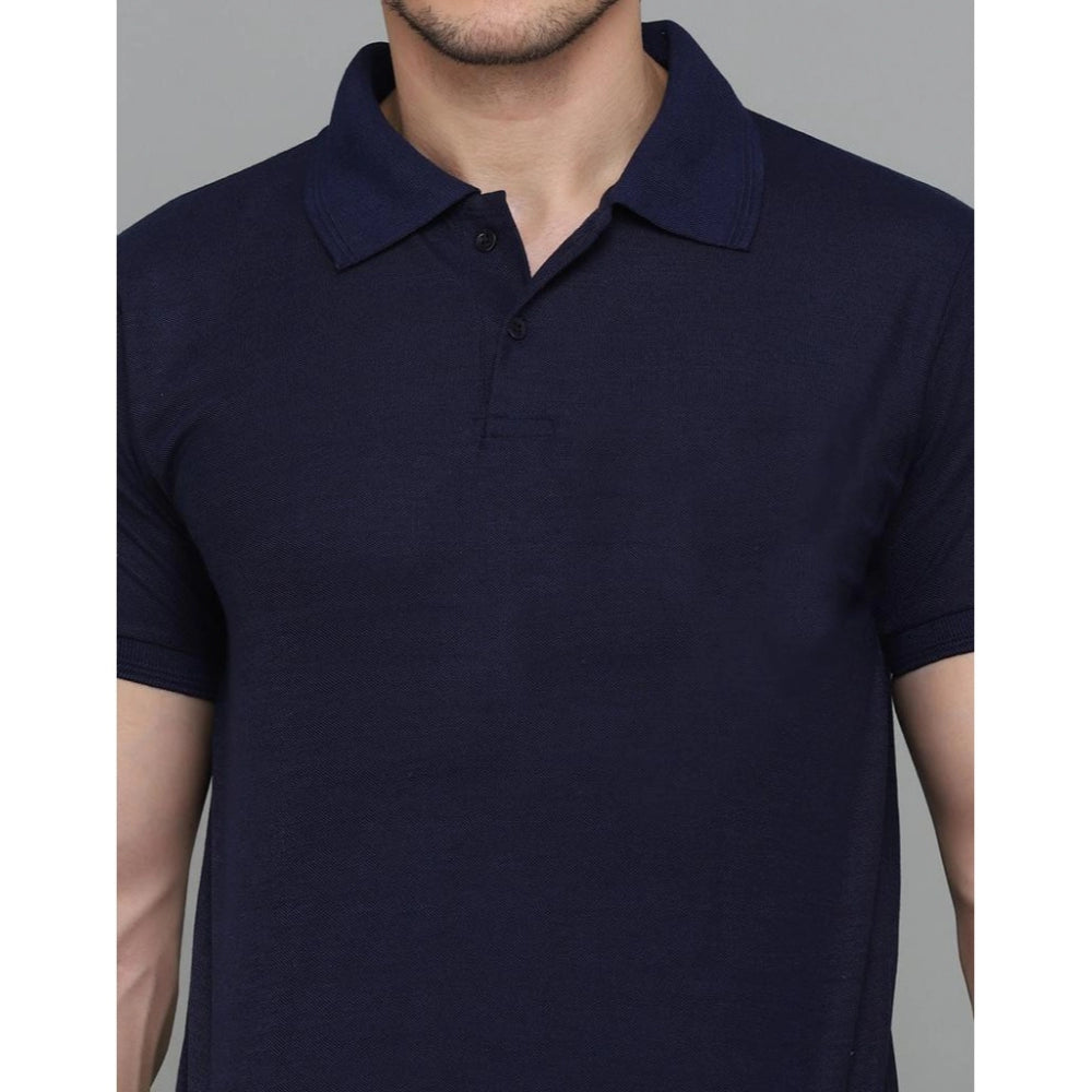 Men's Casual Half Sleeve Solid Cotton Blended Polo Neck T-shirt (Navy Blue)