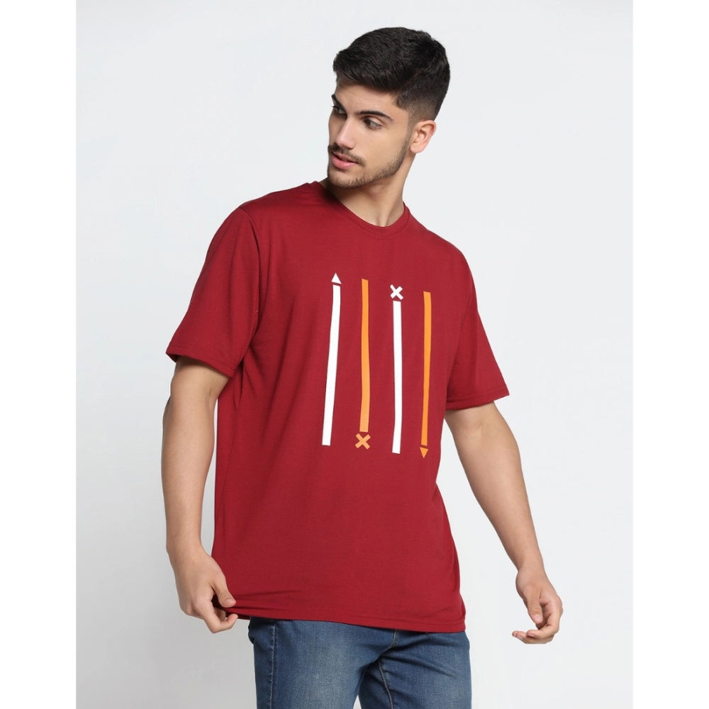 Men's Casual Half Sleeve Printed Cotton Blended Round Neck T-shirt (Maroon)