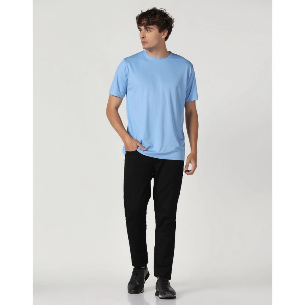 Men's Casual Half Sleeve Solid Polyester Round Neck T-shirt (Sky)