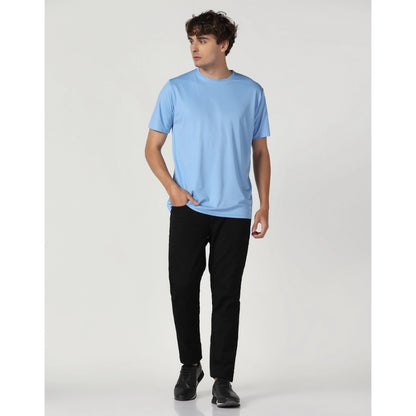 Men's Casual Half Sleeve Solid Polyester Round Neck T-shirt (Sky)