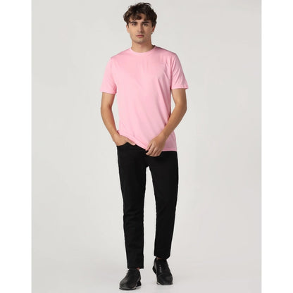 Men's Casual Half Sleeve Solid Polyester Round Neck T-shirt (Pink)