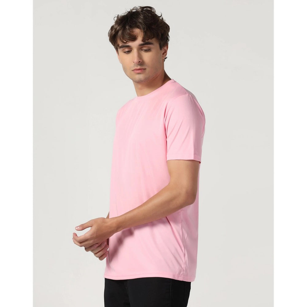 Men's Casual Half Sleeve Solid Polyester Round Neck T-shirt (Pink)