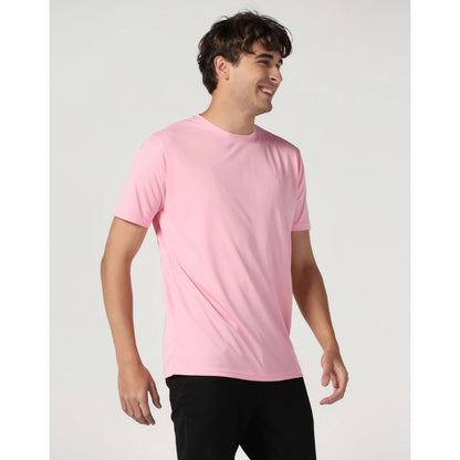 Men's Casual Half Sleeve Solid Polyester Round Neck T-shirt (Pink)