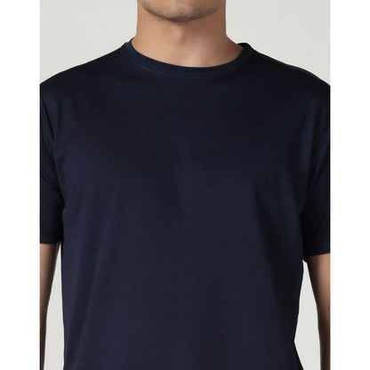 Men's Casual Half Sleeve Solid Polyester Round Neck T-shirt (Navy)