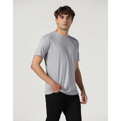 Men's Casual Half Sleeve Solid Polyester Round Neck T-shirt (Lgrey)