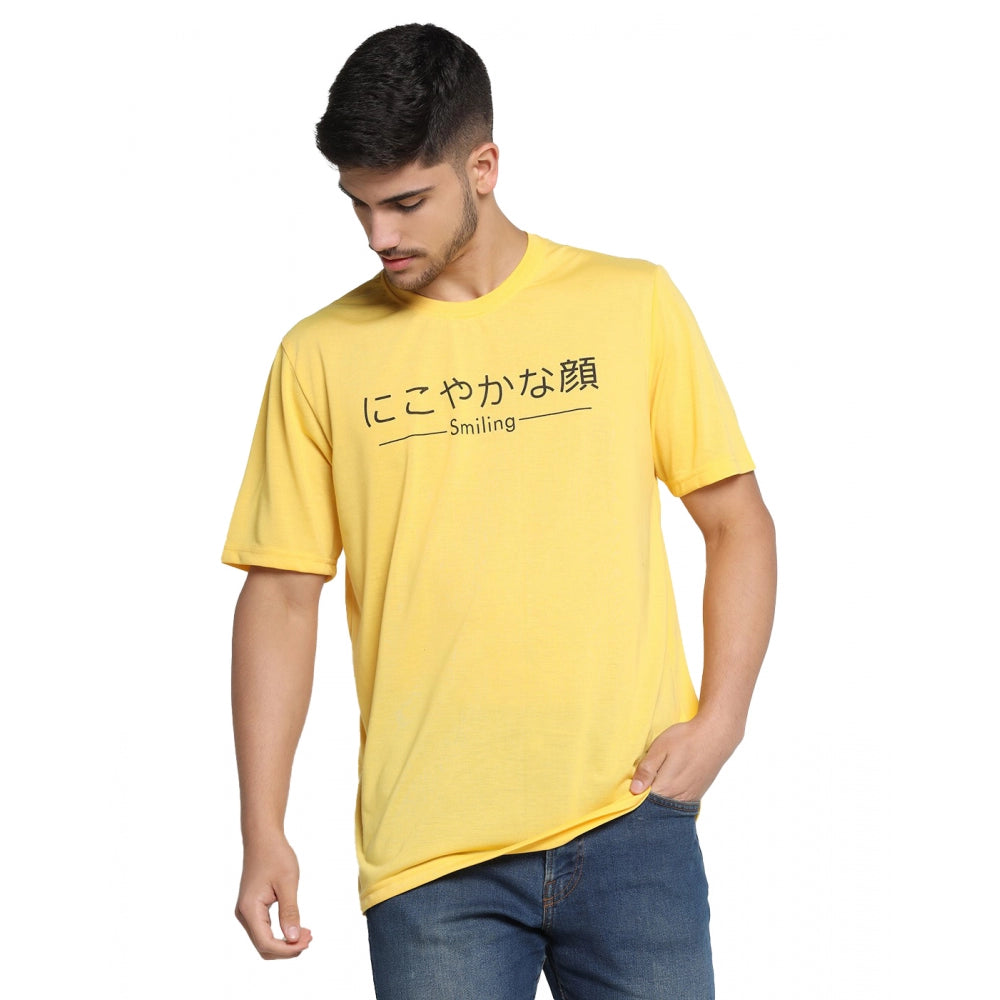 Men's Casual Half Sleeve Printed Cotton Blended Round Neck T-shirt (Yellow)