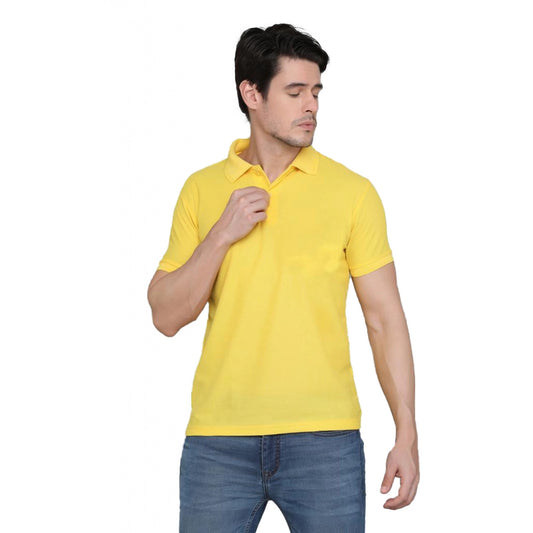 Men's Casual Half Sleeve Solid Cotton Blended Polo Neck T-shirt (Yellow)