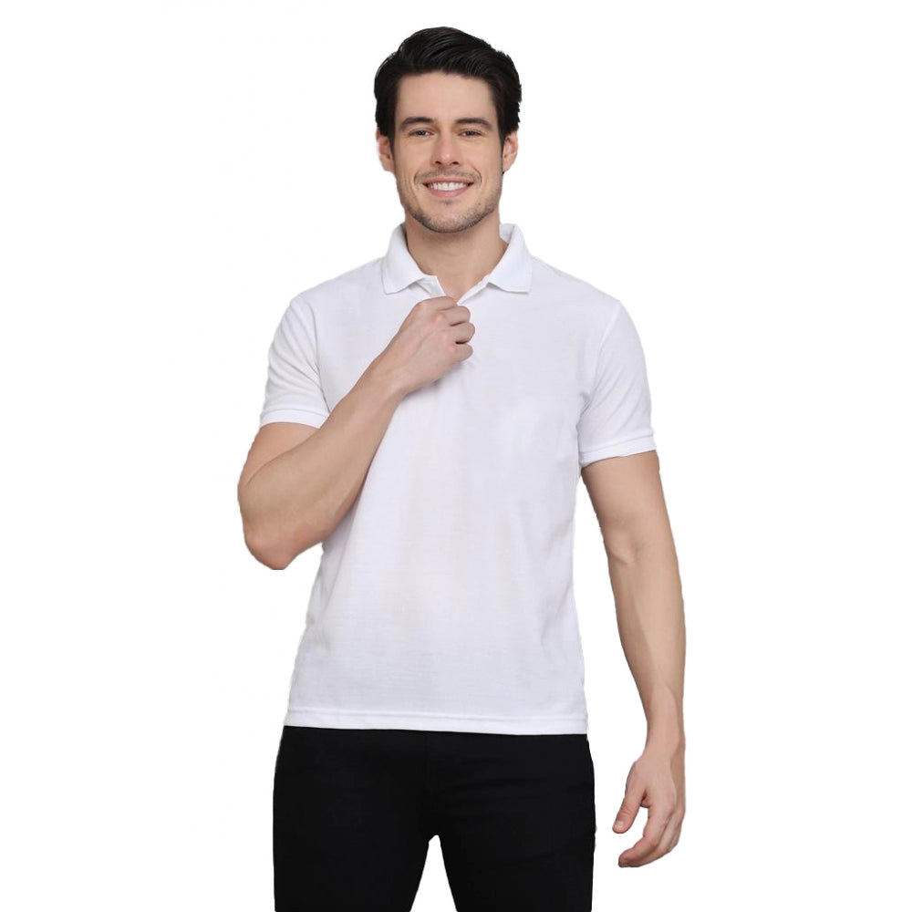 Men's Casual Half Sleeve Solid Cotton Blended Polo Neck T-shirt (White)