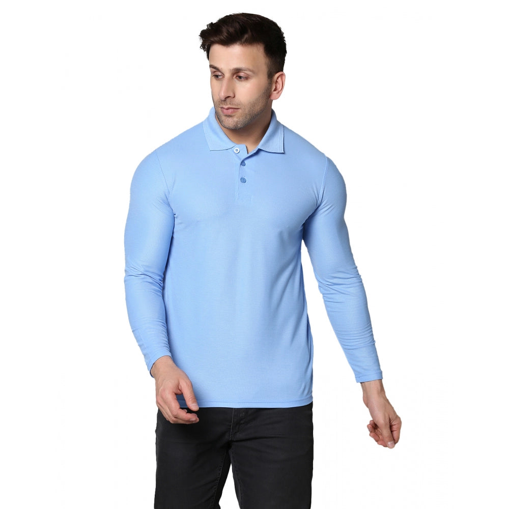 Men's Casual Full Sleeve Solid Cotton Blended Polo Neck T-shirt (Sky)