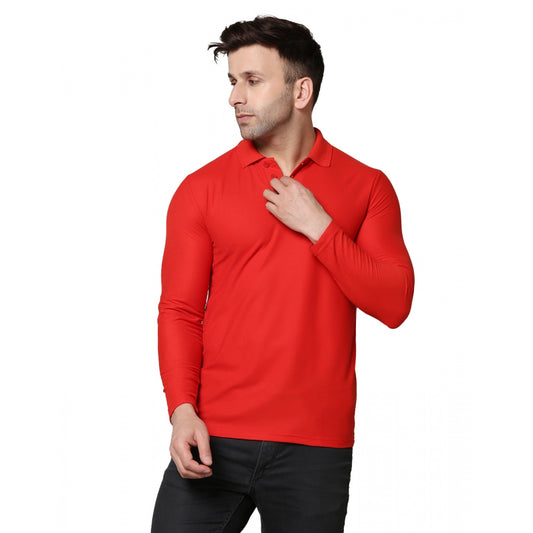 Men's Casual Full Sleeve Solid Cotton Blended Polo Neck T-shirt (Red)