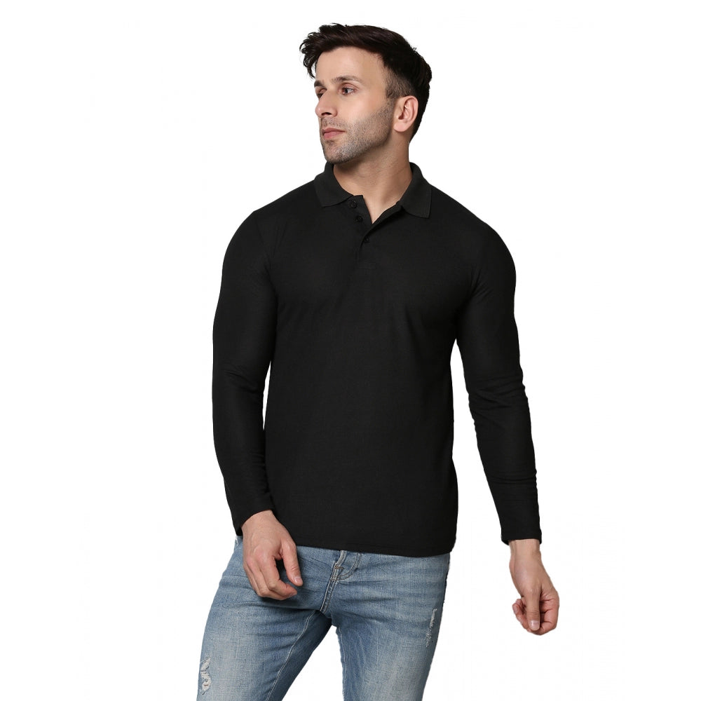 Men's Casual Full Sleeve Solid Cotton Blended Polo Neck T-shirt (Black)