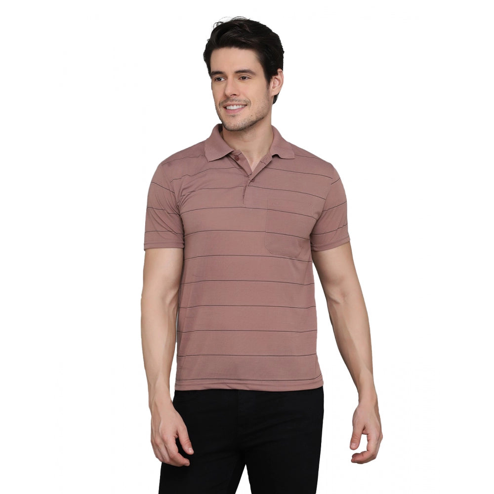 Men's Casual Half Sleeve Striped Cotton Blended Polo Neck T-shirt (Pink)