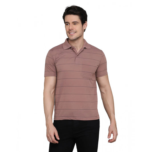 Men's Casual Half Sleeve Striped Cotton Blended Polo Neck T-shirt (Pink)