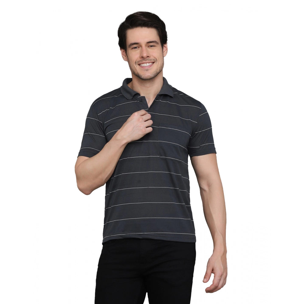 Men's Casual Half Sleeve Striped Cotton Blended Polo Neck T-shirt (Grey)