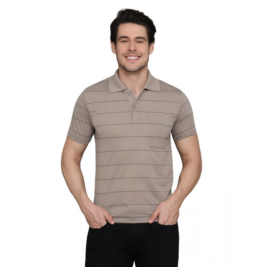 Men's Casual Half Sleeve Striped Cotton Blended Polo Neck T-shirt (Beige)