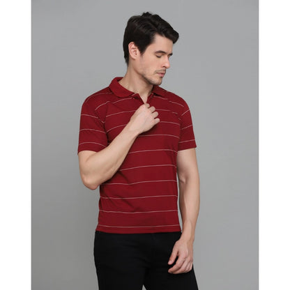 Men's Casual Half Sleeve Striped Cotton Blended Polo Neck T-shirt (Maroon)