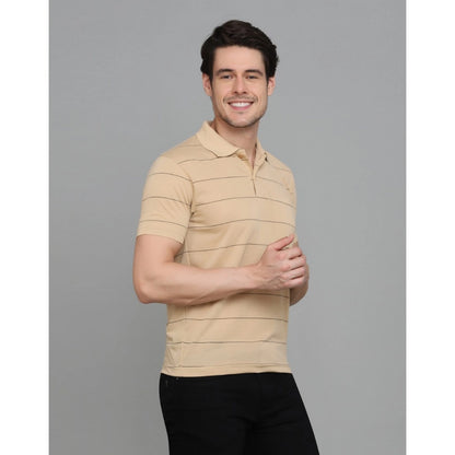 Men's Casual Half Sleeve Striped Cotton Blended Polo Neck T-shirt (L.Beige)