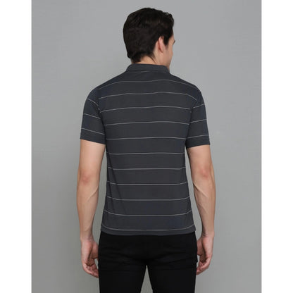 Men's Casual Half Sleeve Striped Cotton Blended Polo Neck T-shirt (Grey)