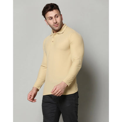 Men's Casual Full Sleeve Solid Cotton Blended Polo Neck T-shirt (Beige)