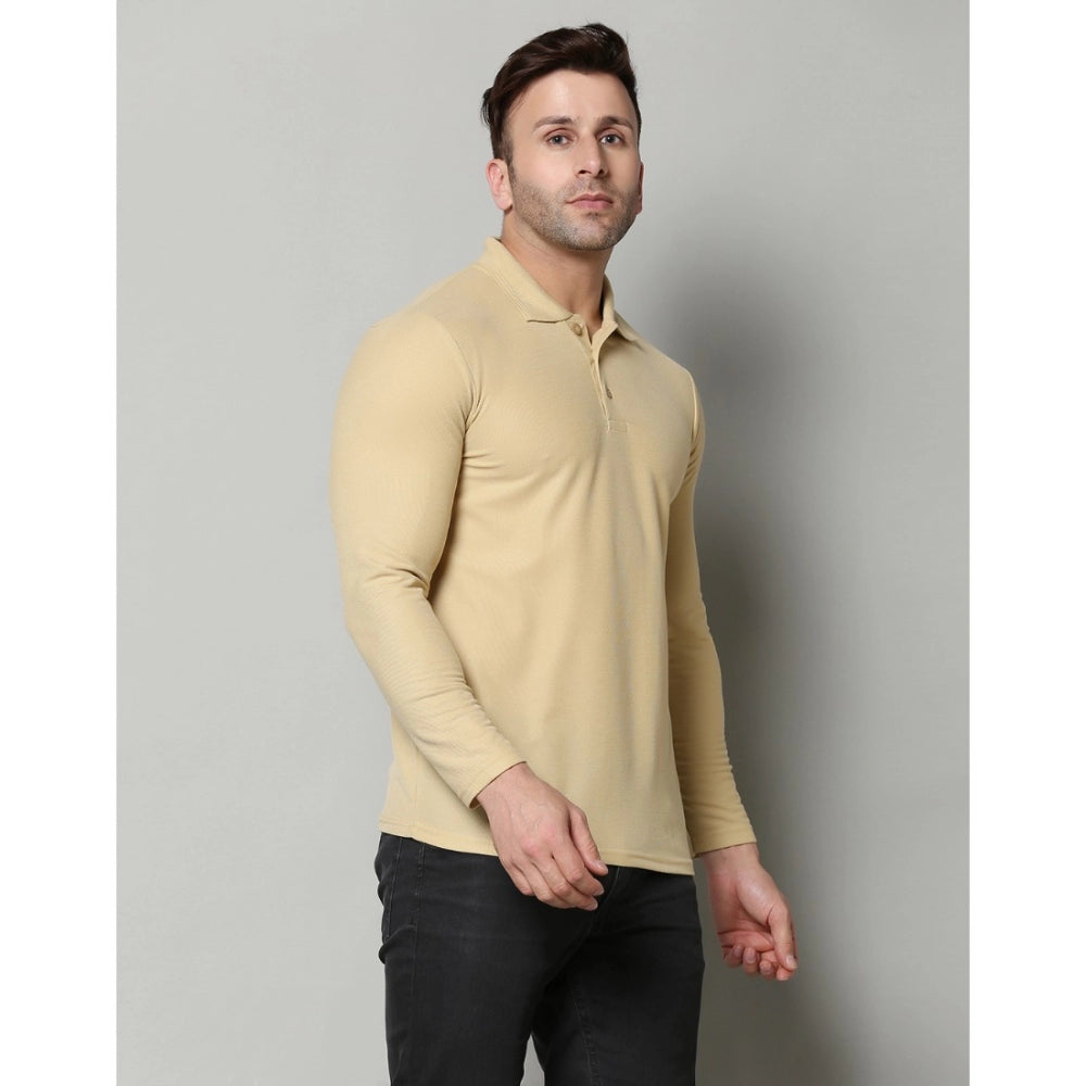 Men's Casual Full Sleeve Solid Cotton Blended Polo Neck T-shirt (Beige)