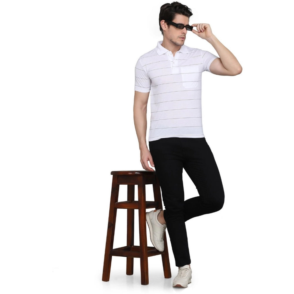 Men's Casual Half Sleeve Striped Cotton Blended Polo Neck T-shirt (White)