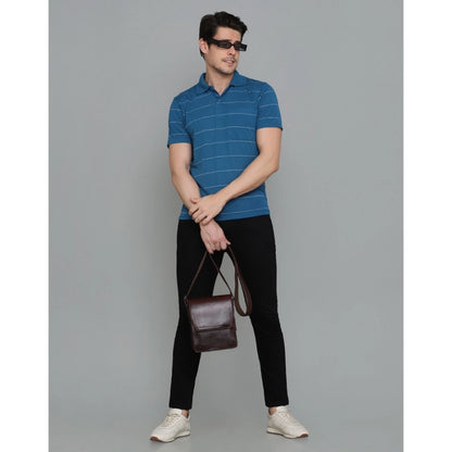 Men's Casual Half Sleeve Striped Cotton Blended Polo Neck T-shirt (Teel Blue)