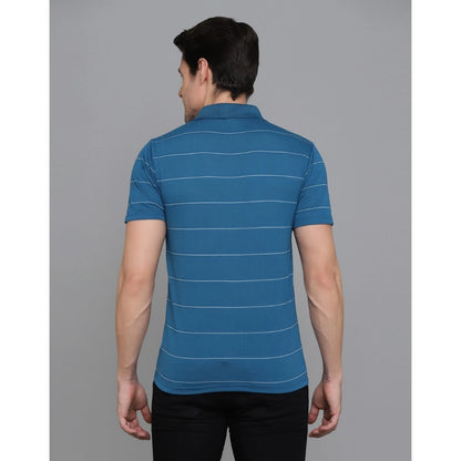 Men's Casual Half Sleeve Striped Cotton Blended Polo Neck T-shirt (Teel Blue)