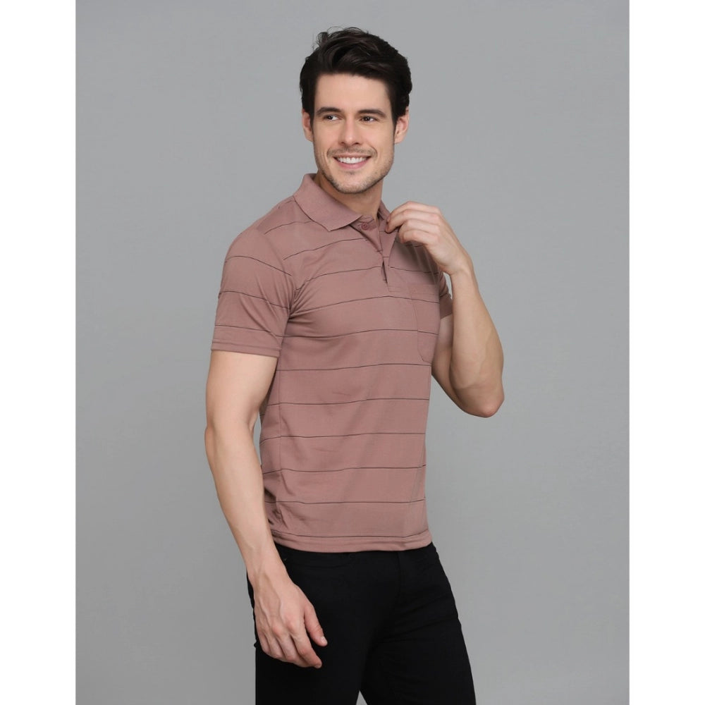 Men's Casual Half Sleeve Striped Cotton Blended Polo Neck T-shirt (Pink)