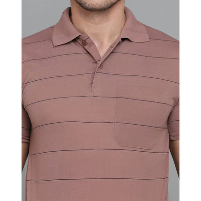 Men's Casual Half Sleeve Striped Cotton Blended Polo Neck T-shirt (Pink)