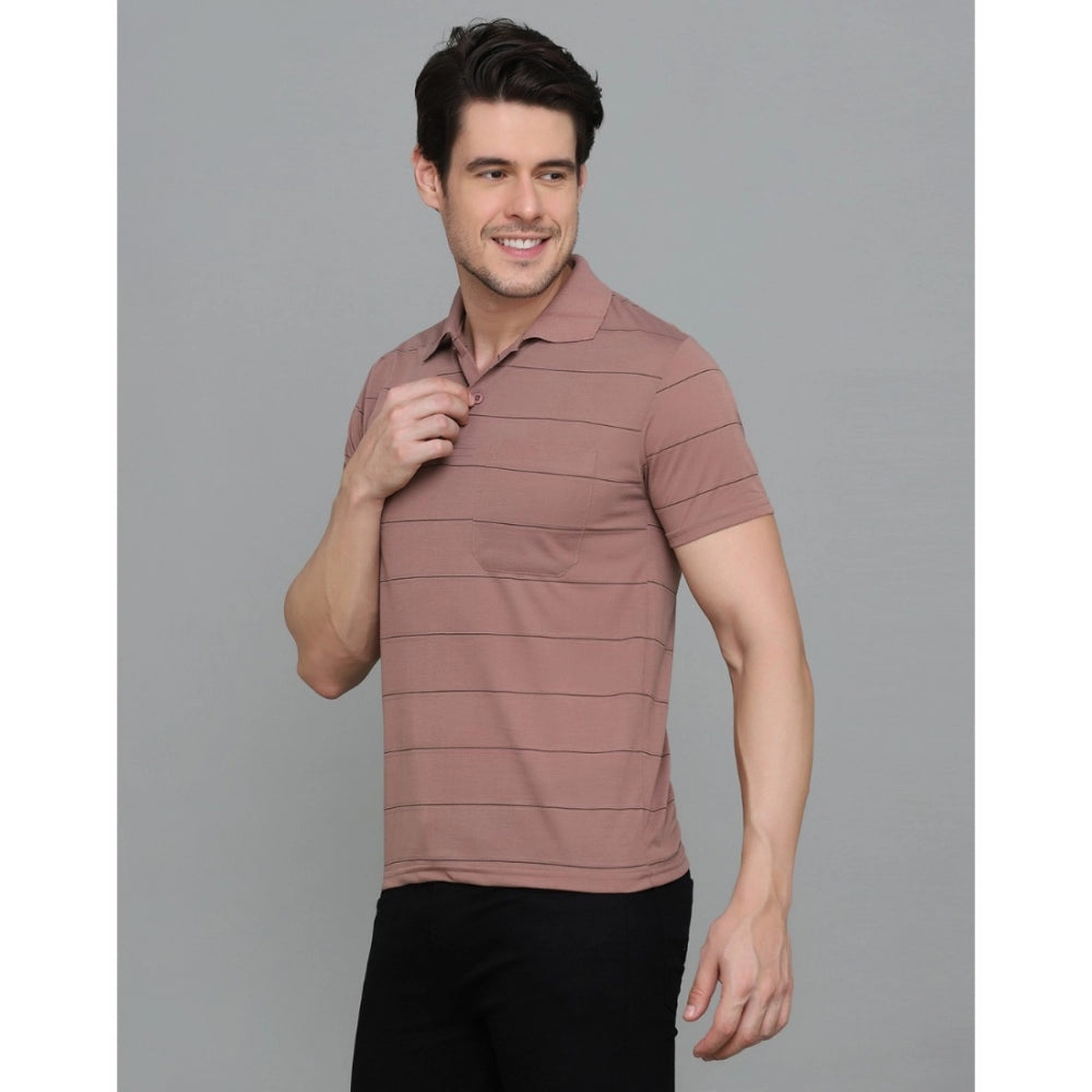 Men's Casual Half Sleeve Striped Cotton Blended Polo Neck T-shirt (Pink)