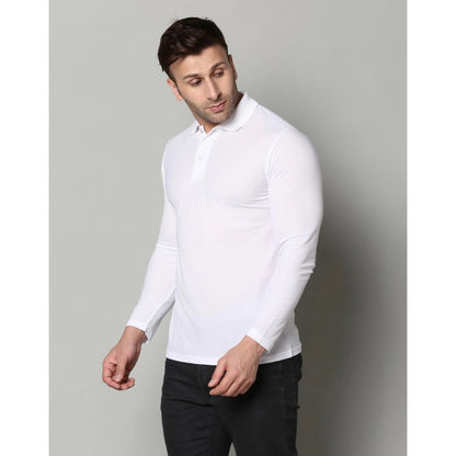 Men's Casual Full Sleeve Solid Cotton Blended Polo Neck T-shirt (White)