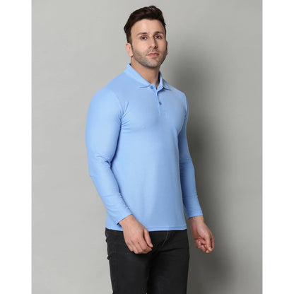 Men's Casual Full Sleeve Solid Cotton Blended Polo Neck T-shirt (Sky)