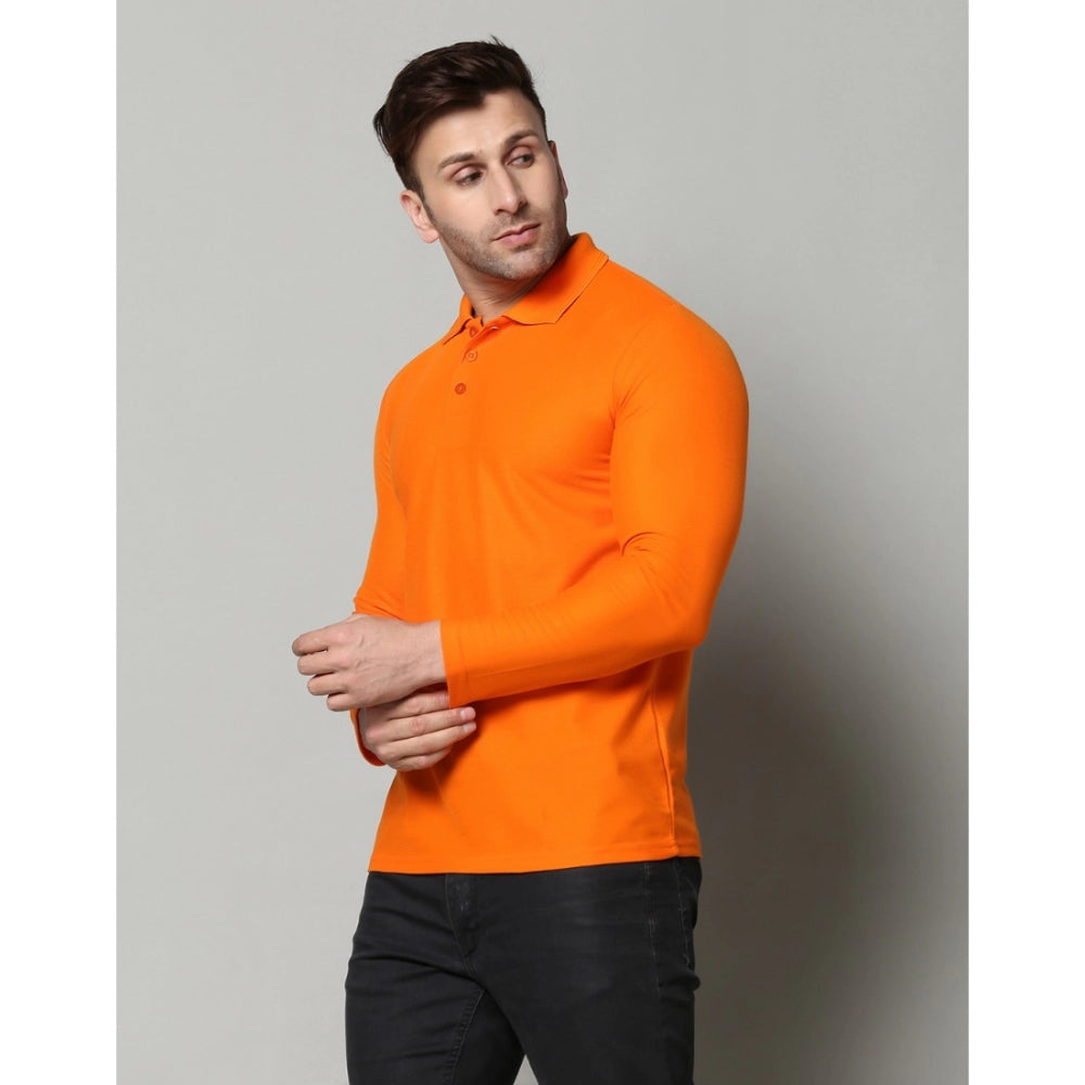 Men's Casual Full Sleeve Solid Cotton Blended Polo Neck T-shirt (Orange)