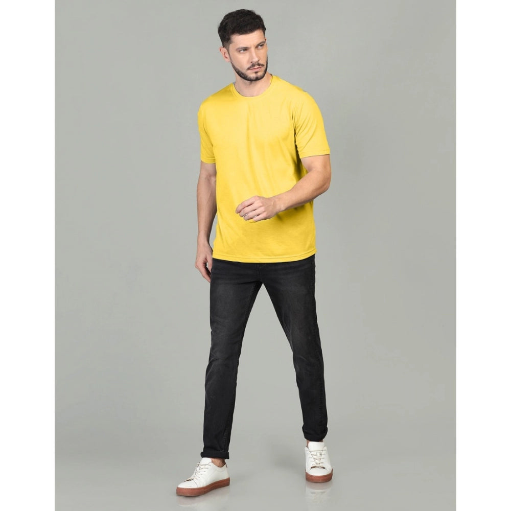 Men's Casual Half Sleeve Solid Cotton Blended Round Neck T-shirt (Yellow)