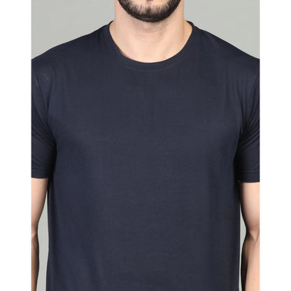 Men's Casual Half Sleeve Solid Cotton Blended Round Neck T-shirt (Dark Blue)