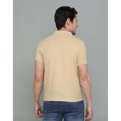 Men's Casual Half Sleeve Solid Cotton Blended Polo Neck T-shirt (Beige)