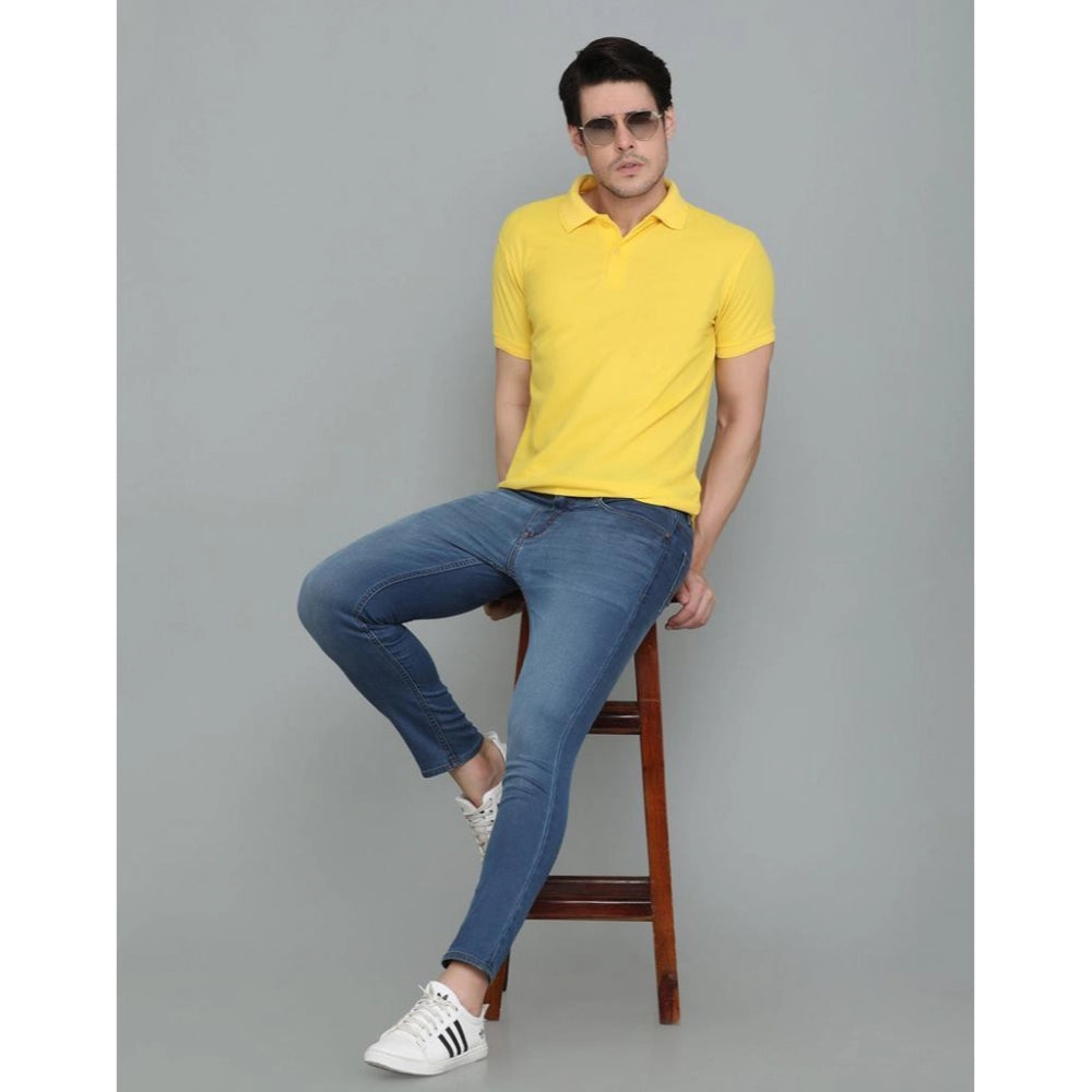 Men's Casual Half Sleeve Solid Cotton Blended Polo Neck T-shirt (Yellow)