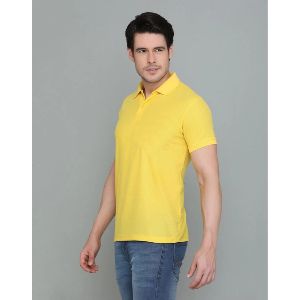 Men's Casual Half Sleeve Solid Cotton Blended Polo Neck T-shirt (Yellow)