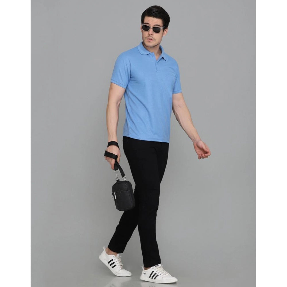 Men's Casual Half Sleeve Solid Cotton Blended Polo Neck T-shirt (Blue)