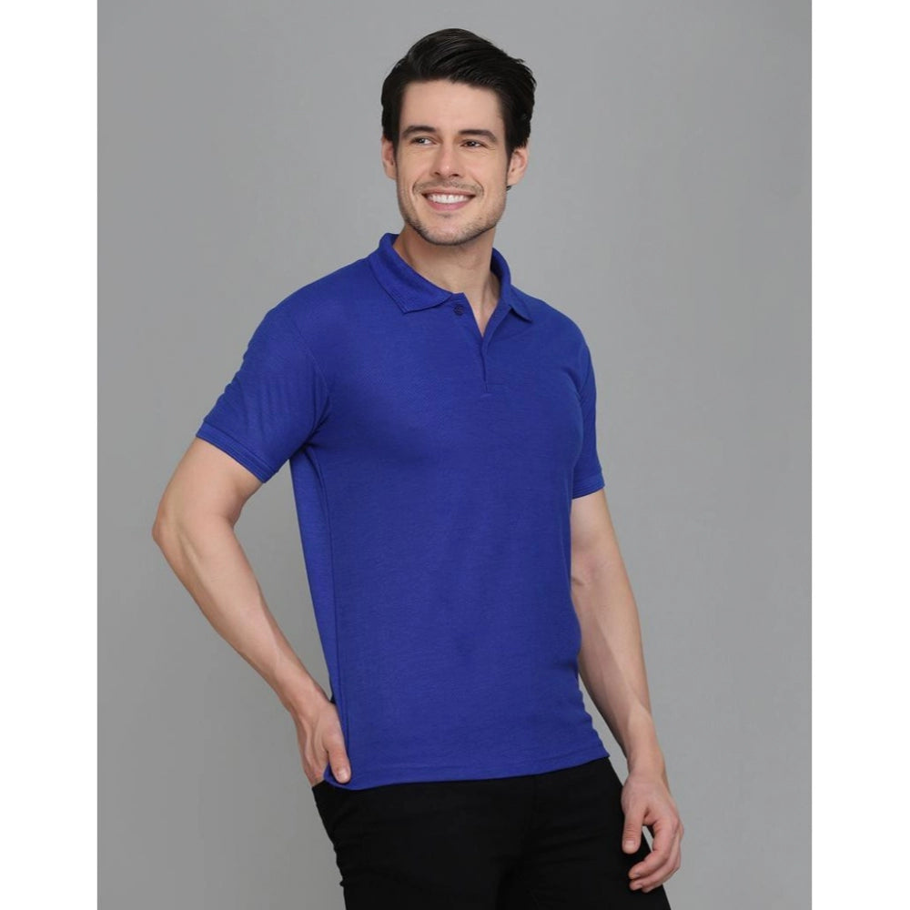 Men's Casual Half Sleeve Solid Cotton Blended Polo Neck T-shirt (Blue)