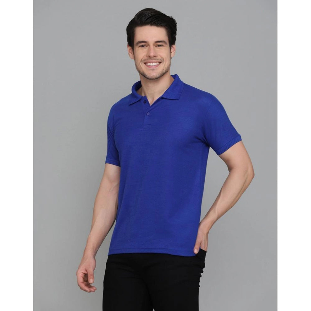 Men's Casual Half Sleeve Solid Cotton Blended Polo Neck T-shirt (Blue)