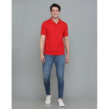 Men's Casual Half Sleeve Solid Cotton Blended Polo Neck T-shirt (Red)