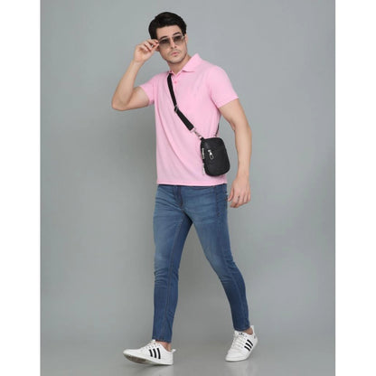 Men's Casual Half Sleeve Solid Cotton Blended Polo Neck T-shirt (Pink)